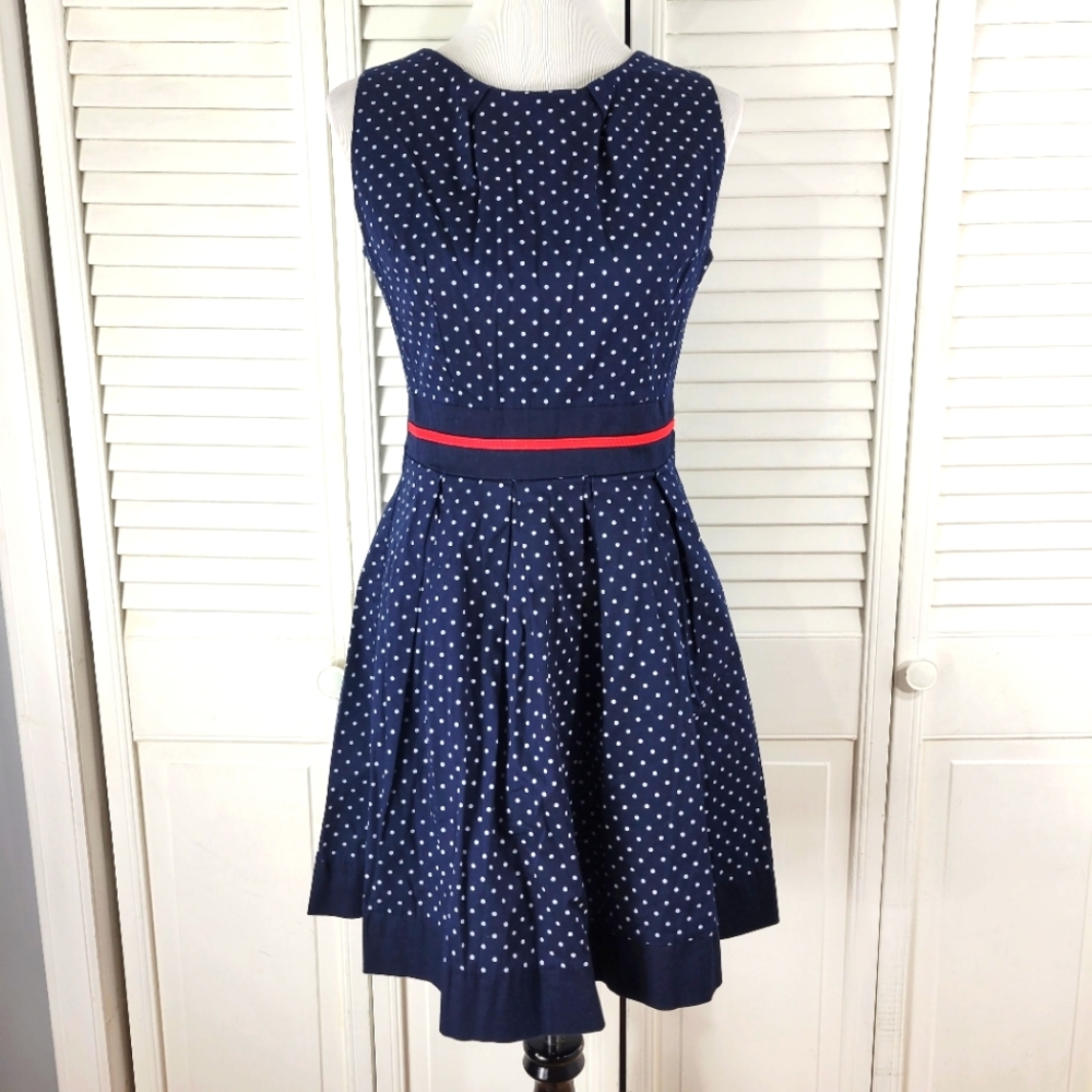 ProntoModa Italian women M cotton navy polkadot fit & flare sleveeless dress